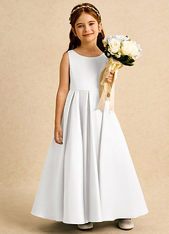 Azazie Pepper Flower Girl Dresses White A-Line Pleated Matte Satin Dress image6