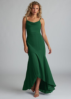 Azazie Summer Bridesmaid Dresses Dark Green Mermaid Scoop Cowl Chiffon Dress image4
