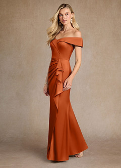 Azazie Laredo Vestidos para mãe da noiva Vestido Laranja Queimada de Cetim elástico de sereia com Fora do ombro image5
