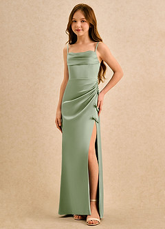 Azazie Bundt Girls Formal 플라워 걸 드레스 A라인 주름진 스트레치 새틴 플로어 길이 드레스 image1