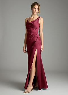 Azazie Samara At-home Try On Dresses Burgundy Mermaid Pleated Stretch Satin Dress image3