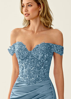 Helia Staubblau Off-Shoulder Korsett Gerafft Satin Meerjungfrau Kleid image5