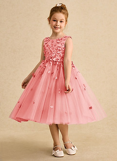 Azazie Lana Flower Girl Dresses Coral A-Line Sleeveless Matte Satin Dress image3