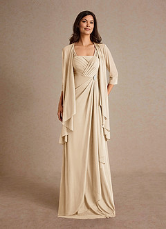 Azazie Clinton Mother of the Bride Dresses Champagne A-Line Pleated Mesh Dress image4