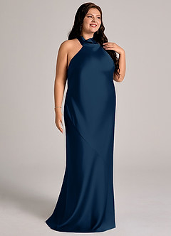 Azazie Velli Bridesmaid Dresses Dark Navy Mermaid High Neck Stretch Satin Dress image12