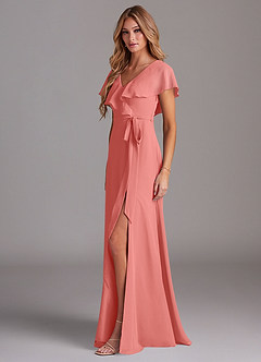 Azazie Lainey Bridesmaid Dresses Coral A-Line with Pockets Chiffon Dress image4