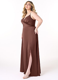 Azazie Dalilah Brautjungfernkleider A-Linie V-Hals Gefaltet Stretch-Satin Kleid Espresso image8