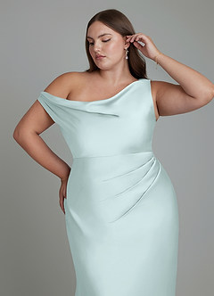 Azazie Emerson Bridesmaid Dresses Sea Glass Mermaid Off the Shoulder Stretch Satin Dress image12