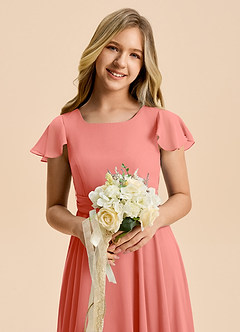 Azazie Cady Junior Vestido Rosa Salmón de Gasa de Corte en A con Plisado image8