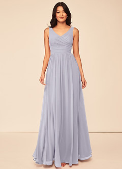 Azazie Keyla Robes de demoiselle d'honneur Robe Trapèze en Mousseline de soie Col V plissé Brume image3