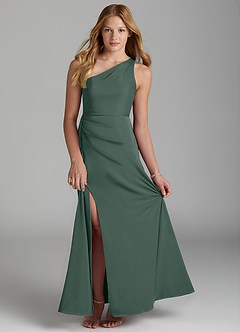 Azazie Maron Junior Sea Moss A-Line Pleated Stretch Satin Dress image1
