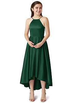 Azazie Jemima Junior Vestido de Verde Oscuro de Satén Elástico de Corte En A con Con bolsillos image4