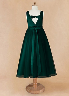 Azazie Marlee Robe Demoiselle D'honneur Fillette Robe Trapèze en Mat Satiné Plissée Vert Pin image8