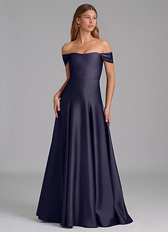 Azazie Seriana 신부 들러리 드레스 A라인 오프 더 숄더 스트레치 새틴 바닥 길이 드레스 image1