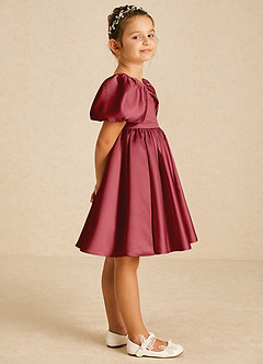 Azazie Muffin Flower Girl Dresses Pomegranate A-Line with Sleeves Matte Satin Dress image3