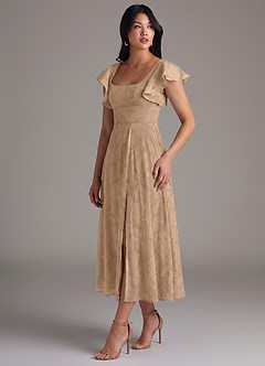 Azazie Bondi Bridesmaid Dresses Champagne A-Line Ruched Floral Burnout Dress image3