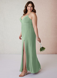 Azazie Becca At-home Try On Dresses Agave Sheath V-Neck Chiffon Dress image9