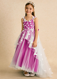 Azazie Darlina Robe Demoiselle D'honneur Fillette Robe Princesse en Tulle Dentelle Ivoire Fuchsia image6