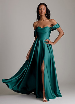 Azazie Loisa Abiti da Damigella Abito A-Line in Raso Elasticizzato a Spalla Scoperta Verde Pavone image1