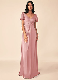 Azazie Soren Robes de demoiselle d'honneur Robe Trapèze en Satin extensible Plissée Rose Poudré image1