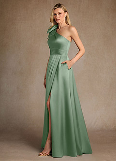 Azazie Easton Mère de la mariée Robes Robe Trapèze en Satin extensible Une épaule Matcha image2