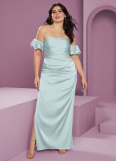Barbie ♥ Azazie Jurken voor bruidsmeisjes Converteerbaar Jurk van Stretch Satijn met Kolom Off the Shoulder De Nevel image10