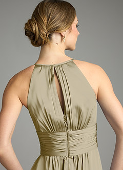Azazie Bonnie Bridesmaid Dresses Moss Green A-Line Pleated Stretch Satin Dress image6