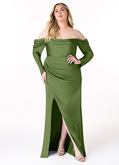 Azazie Hallie Brudtärnklänningar Klänning av Tubklänning i Stretch Satin Off-The-Soulder långärmad Enbärsgrön Konvertibel image9