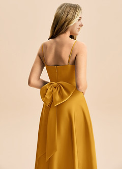 Azazie Rumi Junior A-Line Plisseret Stræk satin Gulv-længde Junior brudepige Kjole image6