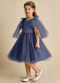Azazie Duchess Robe Demoiselle D'honneur Fillette Robe Trapèze en Tulle avec manches Bleu Orageux image1