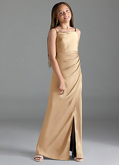 Azazie Leonis Junior Robe Trapèze en Satin extensible Plissée Champagne image3