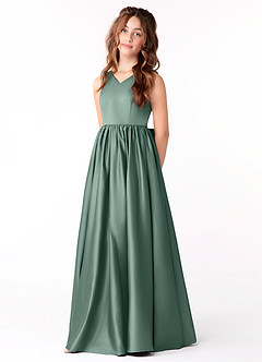 Azazie Hathaway Junior Eucalyptus A-Line Bow Stretch Satin Dress image3