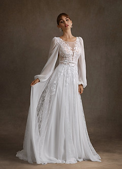 Azazie Keylani Wedding Dresses Diamond White Champagne A-Line Lace Dress image5