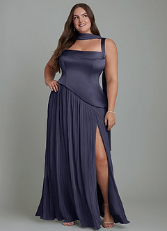 Azazie Stephanie Robes de demoiselle d'honneur Robe Trapèze en Satin extensible Plissé Bleu Orageux image15