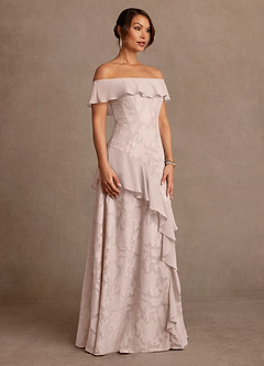 Azazie Marina Mother of the Bride Dresses Blushing Pink A-Line Off the Shoulder Floral Burnout Dress image3