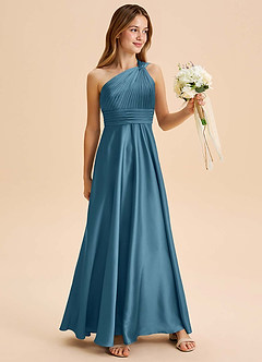 Azazie Charlize Junior Abito A-Line in Raso Elasticizzato Plissettato Bermuda image3