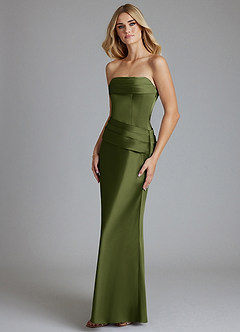 Azazie Lenya Bridesmaid Dresses Olive Sheath Pleated Stretch Satin Dress image4