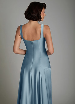 Azazie Reina At-home Try On Dresses Dusty Blue A-Line Pleated Stretch Satin Dress image4