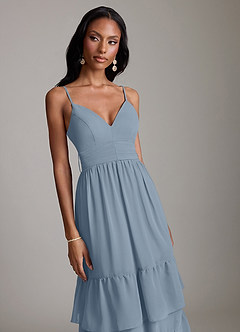 Azazie Nathalia 신부 들러리 드레스 A라인 셔링 쉬폰 바닥 길이 드레스 image3