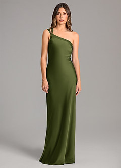 Azazie Monroe Bridesmaid Dresses Olive Mermaid One Shoulder Stretch Satin Dress image4