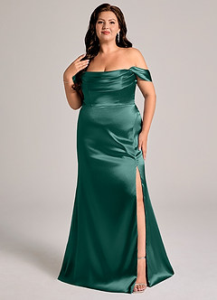 Azazie Saige Bridesmaid Dresses Pine Sheath Off the Shoulder Metallic Satin Convertible Dress image11