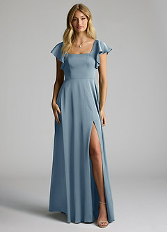 Azazie Bondi Bridesmaid Dresses Dusty Blue A-Line Bow Stretch Satin Dress image5