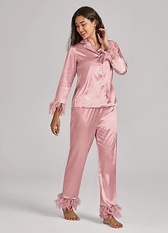 front Matching Color Satin Feathered Pajamas
