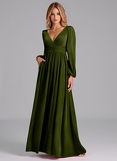 Azazie Norah Robes de demoiselle d'honneur Robe Trapèze en velours Manche longue Olive image1