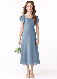 Azazie Bondi Junior Jurk van Chiffon met A-Lijn Ruches Stoffig Blauw image2