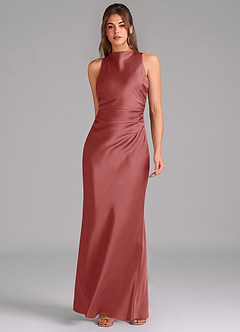 Azazie Evadne Bridesmaid Dresses Antique Rose Sheath Pleated Stretch Satin Dress image3