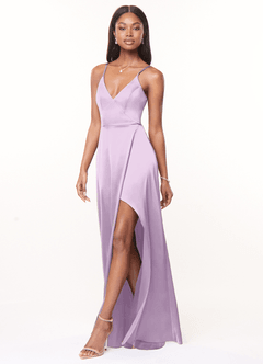 Azazie Maksim Bridesmaid Dresses Frosted Lilac A-Line V-Neck Stretch Satin Dress image4