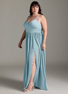 Azazie Zeya Robes de demoiselle d'honneur Robe Trapèze en Satin extensible Plissée Bleu Maussade image13