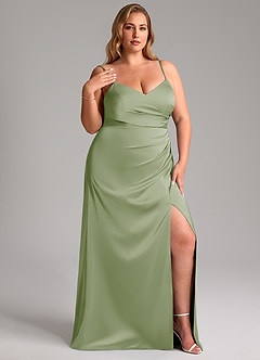 Azazie Azuree At-home Try On Dresses Dusty Sage A-Line Pleated Stretch Satin Dress image13