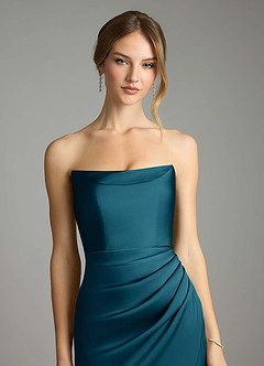 Azazie Leonis Bridesmaid Dresses Ink Blue Mermaid Pleated Stretch Satin Convertible Dress image4